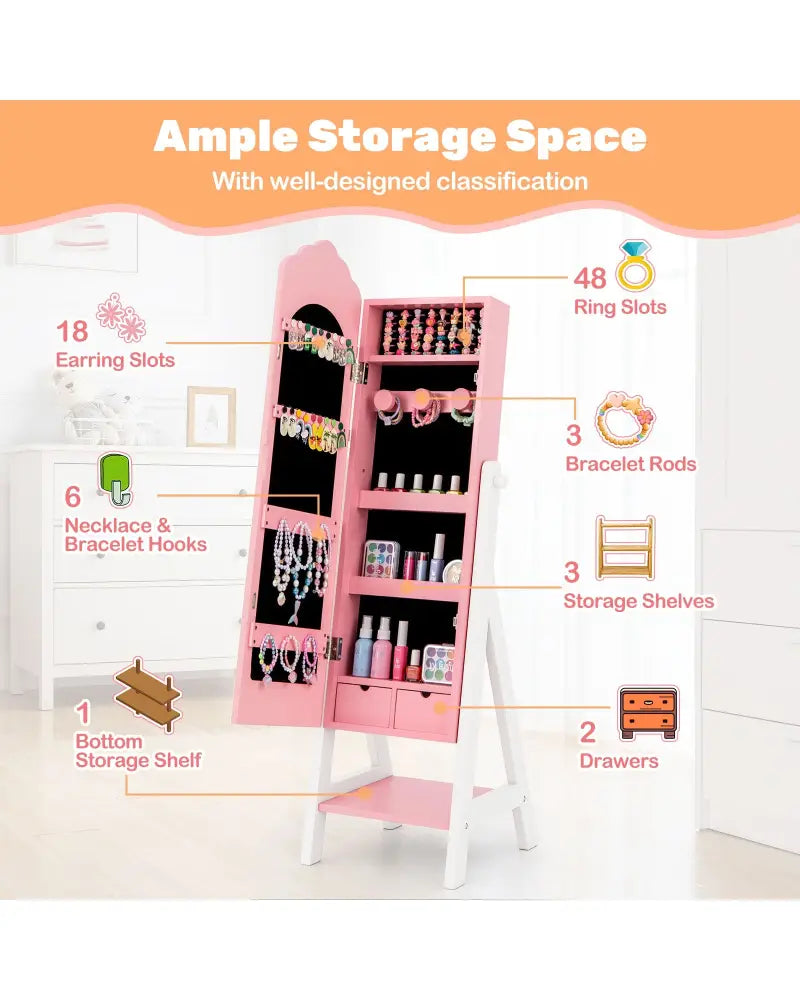 2 Pieces Kids Vanity Set and Jewelry Armoire Cabinet with Full-length Mirror-Pink - Pink - Kids Vanities