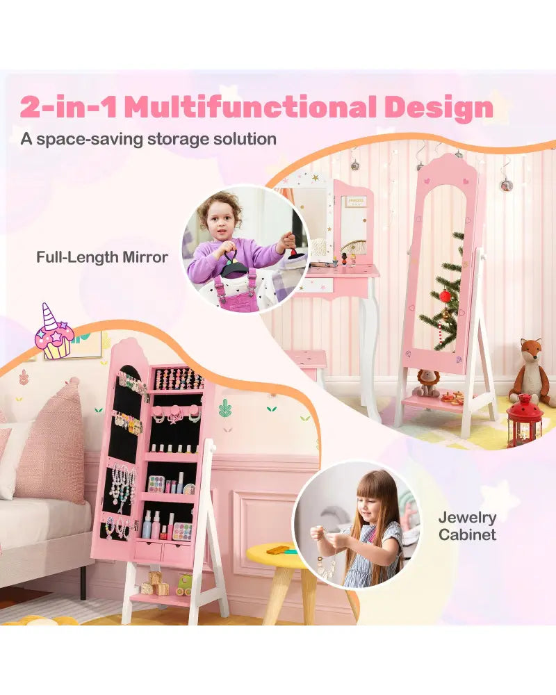 2 Pieces Kids Vanity Set and Jewelry Armoire Cabinet with Full-length Mirror-Pink - Pink - Kids Vanities