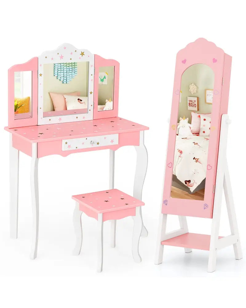 2 Pieces Kids Vanity Set and Jewelry Armoire Cabinet with Full-length Mirror-Pink - Pink - Kids Vanities