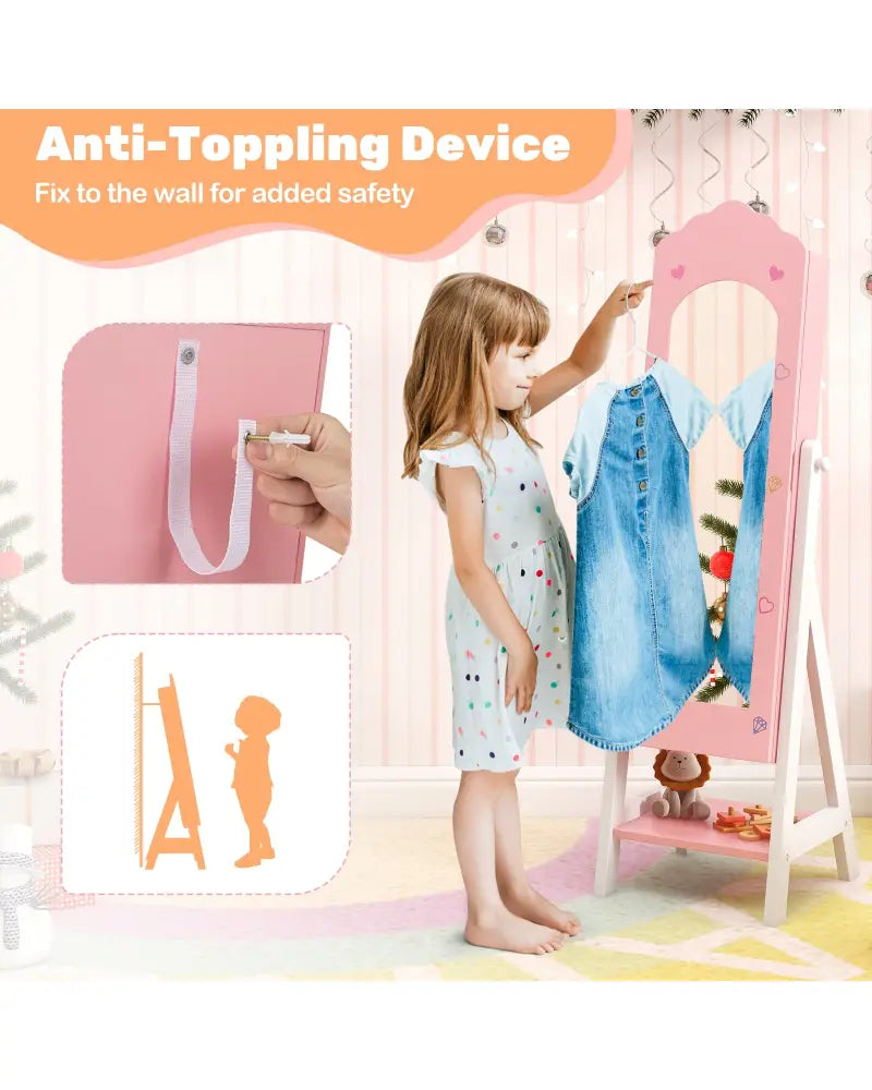 2 Pieces Kids Vanity Set and Jewelry Armoire Cabinet with Full-length Mirror-Pink - Pink - Kids Vanities