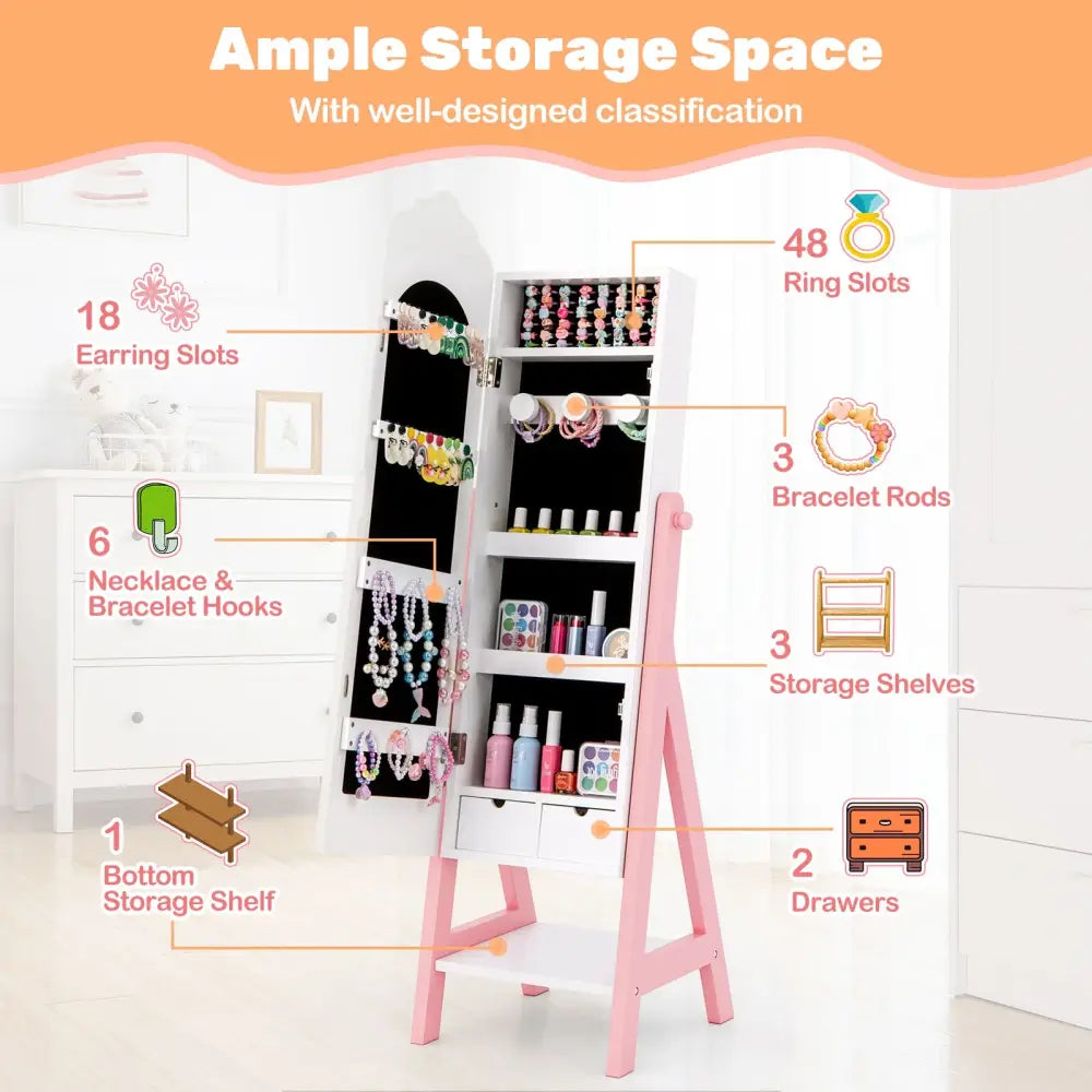 2 Pieces Kids Vanity Set and Jewelry Armoire Cabinet with Full-length Mirror-White - White - Kids Vanities