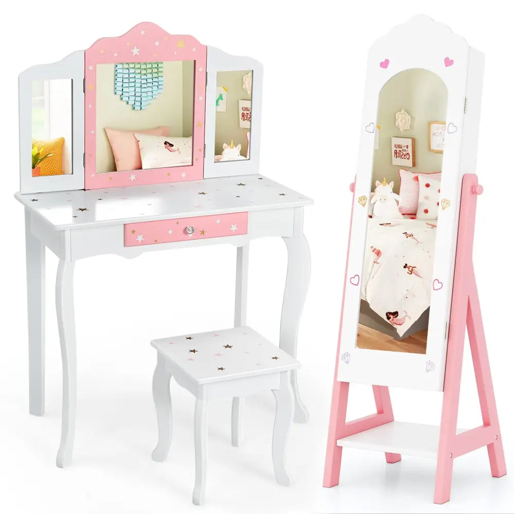 2 Pieces Kids Vanity Set and Jewelry Armoire Cabinet with Full-length Mirror-White - White - Kids Vanities