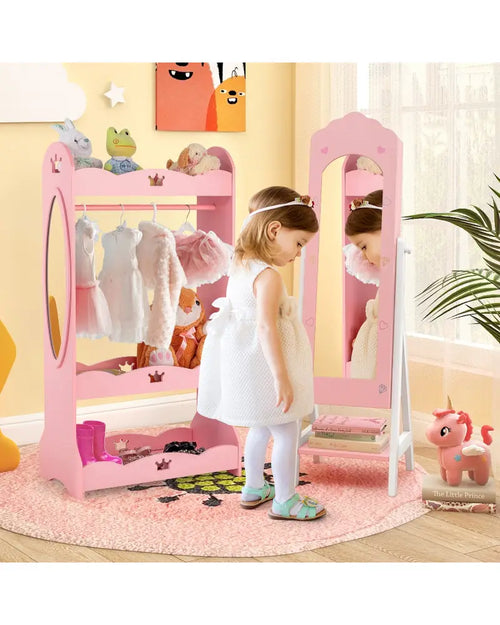 2 Pieces Kids Vanity Set and Jewelry Armoire Cabinet with Full-length Mirror-Pink - Pink - Kids Vanities