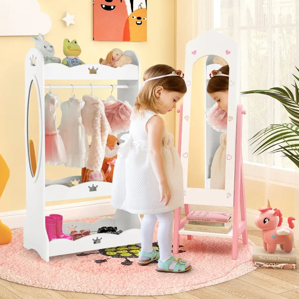 2 Pieces Kids Vanity Set and Jewelry Armoire Cabinet with Full-length Mirror-White - White - Kids Vanities