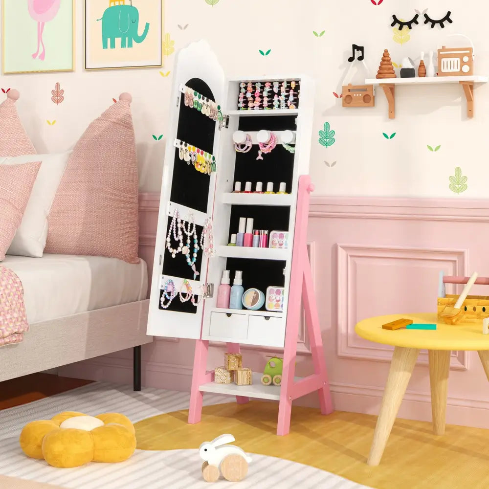2 Pieces Kids Vanity Set and Jewelry Armoire Cabinet with Full-length Mirror-White - White - Kids Vanities