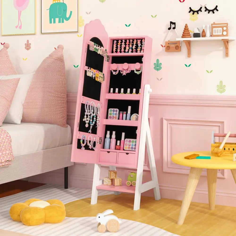 2 Pieces Kids Vanity Set and Jewelry Armoire Cabinet with Full-length Mirror-Pink - Pink - Kids Vanities