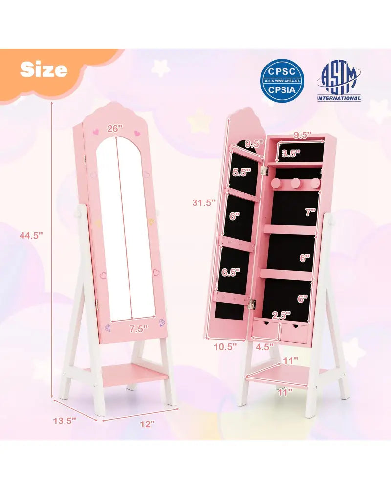 2 Pieces Kids Vanity Set and Jewelry Armoire Cabinet with Full-length Mirror-Pink - Pink - Kids Vanities