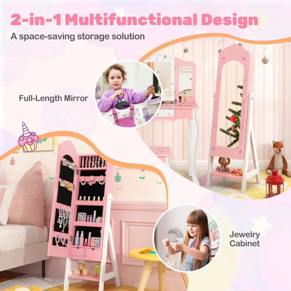 2 Pieces Kids Vanity Set and Jewelry Armoire Cabinet with Full-length Mirror-Pink - Pink - Kids Vanities