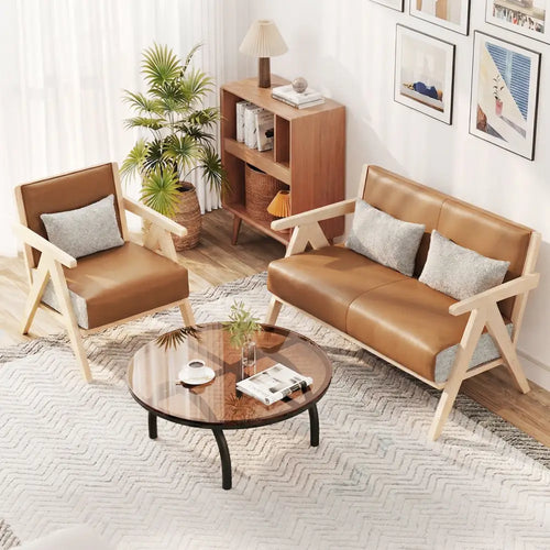2 Pieces Living Room Furniture Set with Rubber Wood Frame-Brown - Brown - Sofas & Loveseats