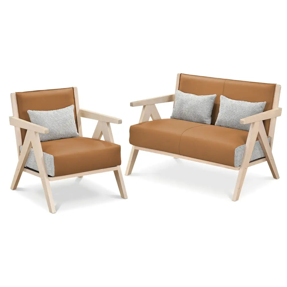 2 Pieces Living Room Furniture Set with Rubber Wood Frame-Brown - Brown - Sofas & Loveseats