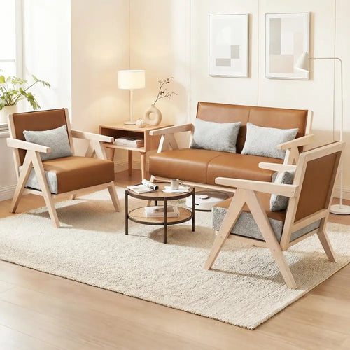 2 Pieces Living Room Furniture Set with Rubber Wood Frame-Brown - Brown - Sofas & Loveseats