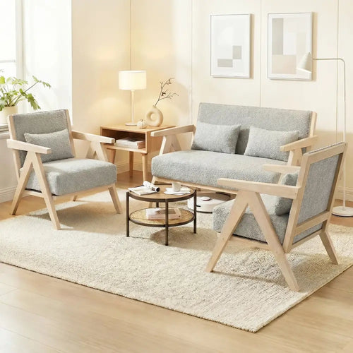 2 Pieces Living Room Furniture Set with Rubber Wood Frame-Gray - Gray - Sofas & Loveseats