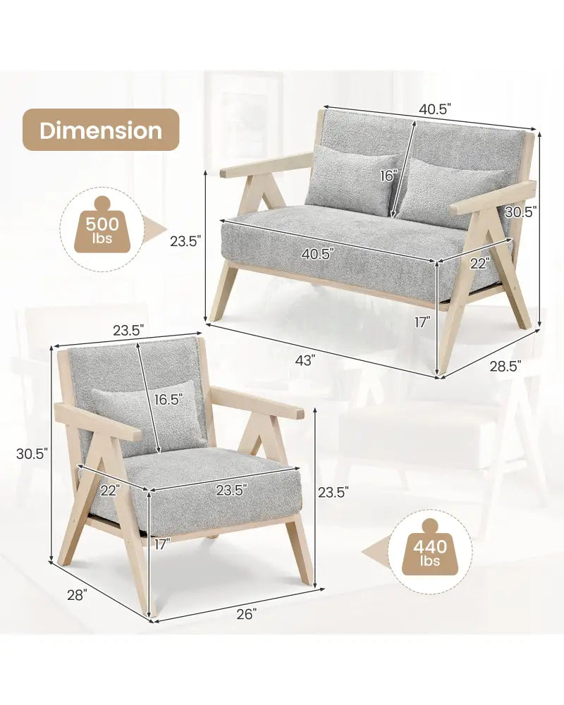 2 Pieces Living Room Furniture Set with Rubber Wood Frame-Gray - Gray - Sofas & Loveseats