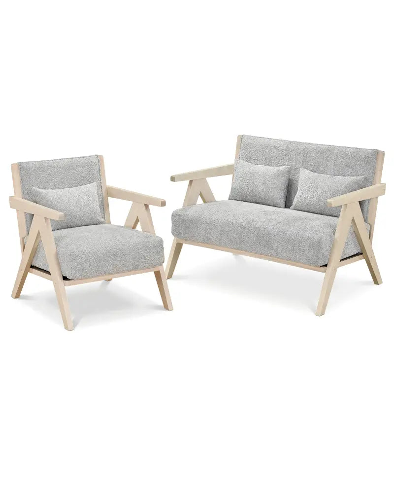 2 Pieces Living Room Furniture Set with Rubber Wood Frame-Gray - Gray - Sofas & Loveseats