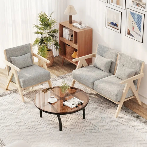 2 Pieces Living Room Furniture Set with Rubber Wood Frame-Gray - Gray - Sofas & Loveseats