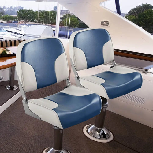 2 Pieces Low Back Boat Seat Set with Sponge Padding and Aluminum Hinges-Blue - Blue - Water Sports
