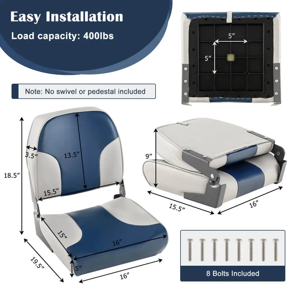 2 Pieces Low Back Boat Seat Set with Sponge Padding and Aluminum Hinges-Blue - Blue - Water Sports