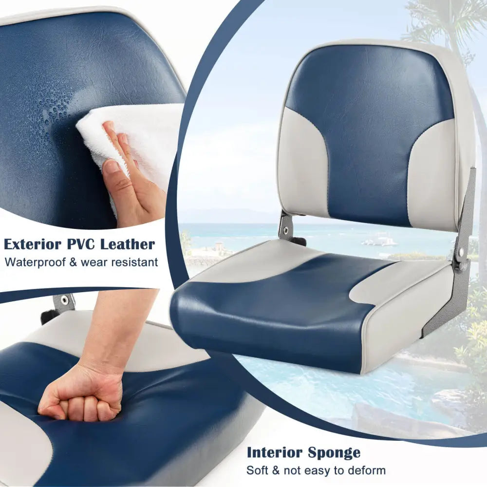 2 Pieces Low Back Boat Seat Set with Sponge Padding and Aluminum Hinges-Blue - Blue - Water Sports