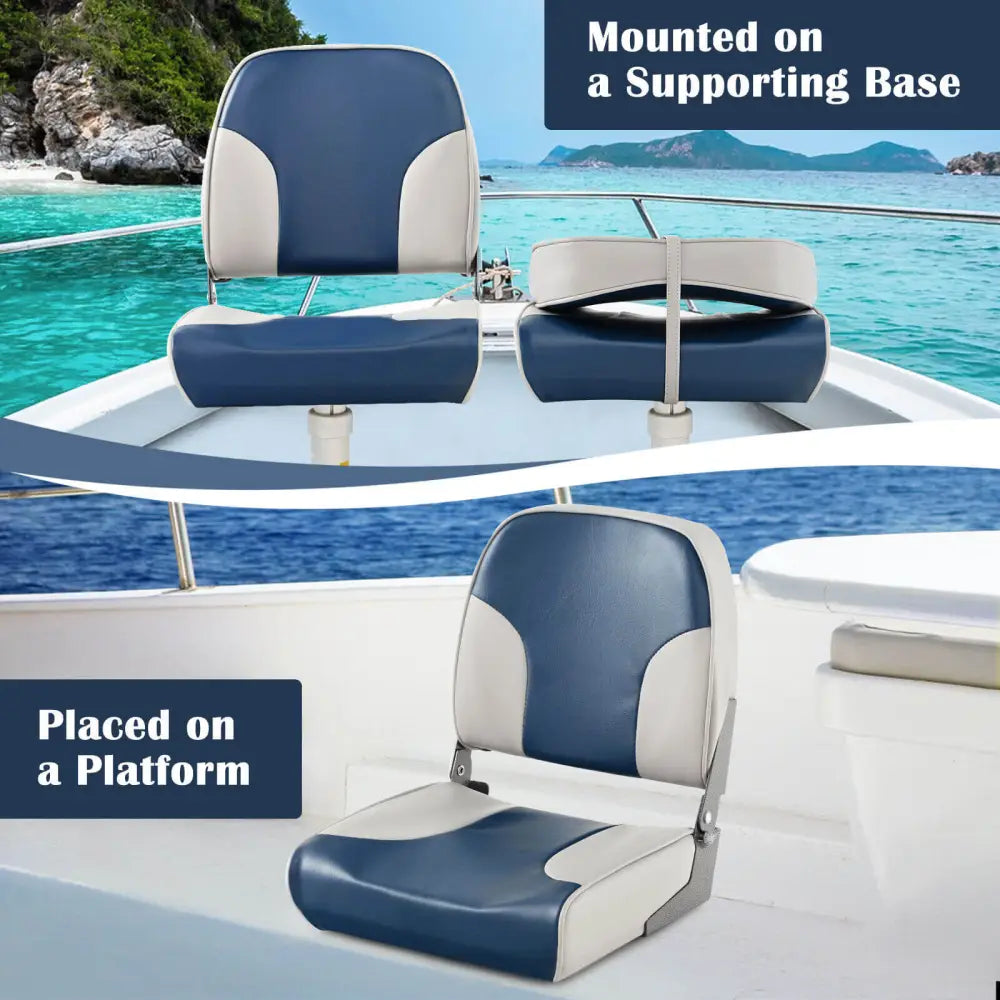 2 Pieces Low Back Boat Seat Set with Sponge Padding and Aluminum Hinges-Blue - Blue - Water Sports