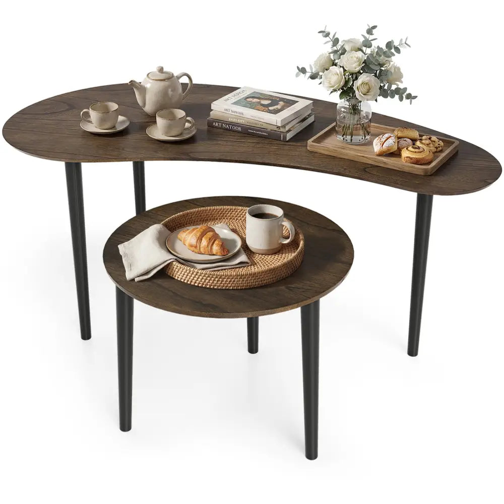 2 Pieces Mid Century Nesting Tables with Rubber Wood Legs-Walnut - Walnut - Coffee Tables