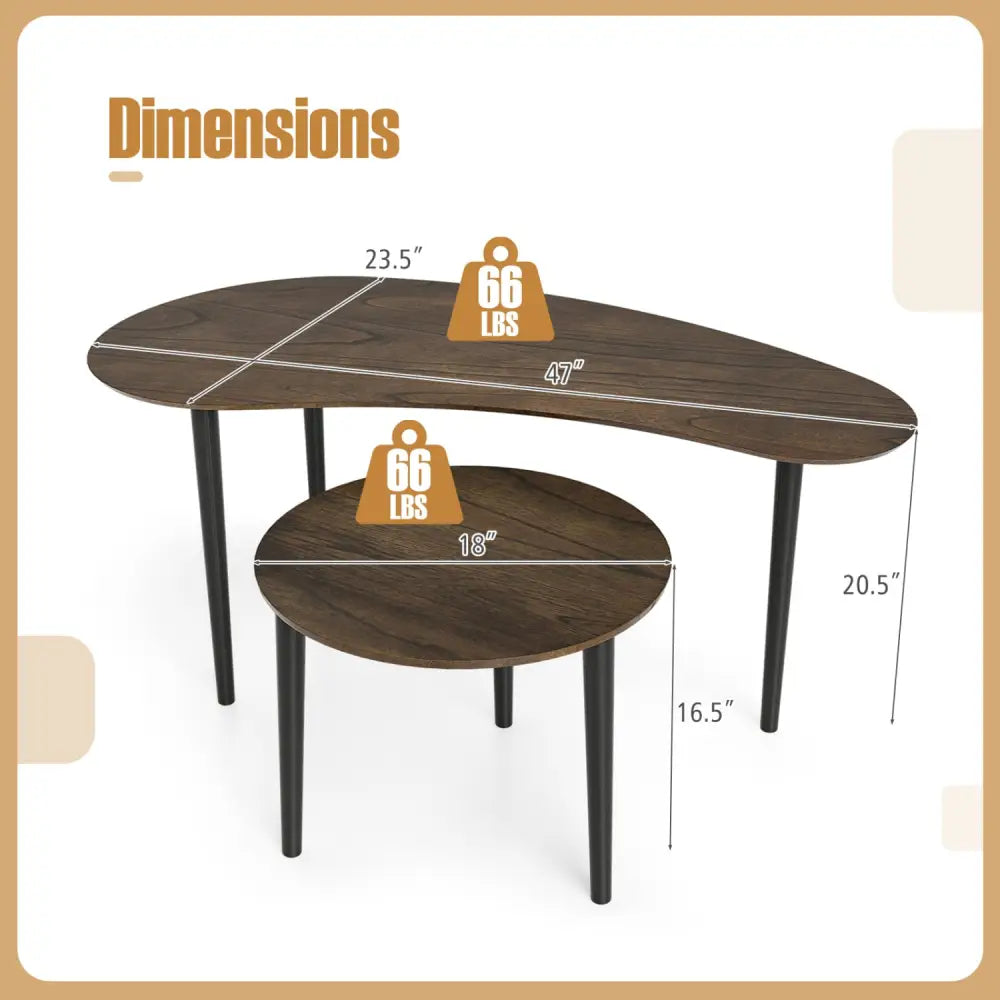2 Pieces Mid Century Nesting Tables with Rubber Wood Legs-Walnut - Walnut - Coffee Tables