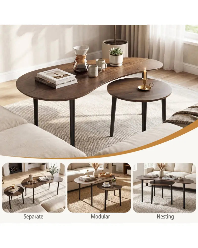 2 Pieces Mid Century Nesting Tables with Rubber Wood Legs-Walnut - Walnut - Coffee Tables