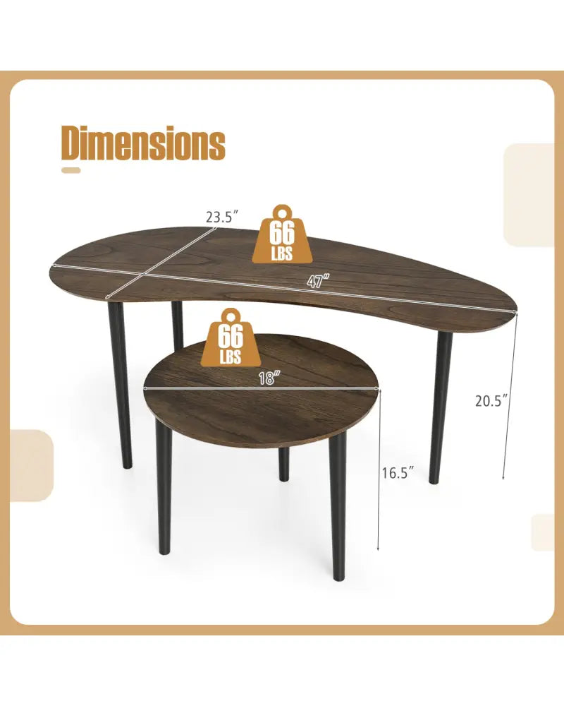 2 Pieces Mid Century Nesting Tables with Rubber Wood Legs-Walnut - Walnut - Coffee Tables