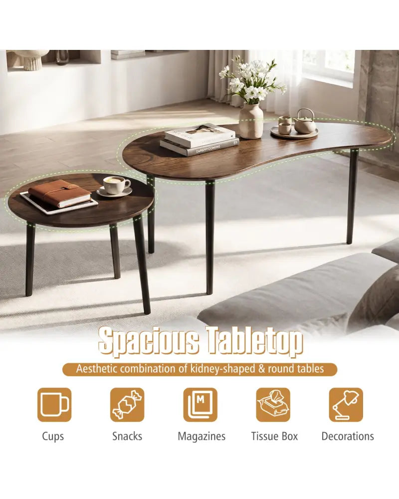 2 Pieces Mid Century Nesting Tables with Rubber Wood Legs-Walnut - Walnut - Coffee Tables