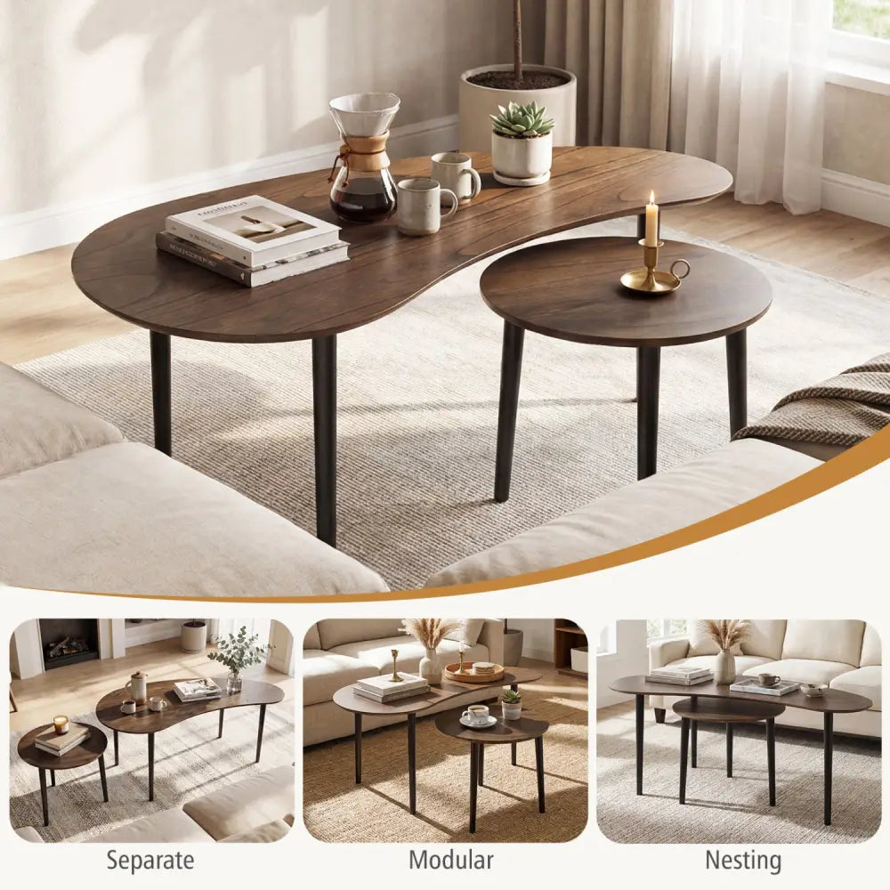 2 Pieces Mid Century Nesting Tables with Rubber Wood Legs-Walnut - Walnut - Coffee Tables