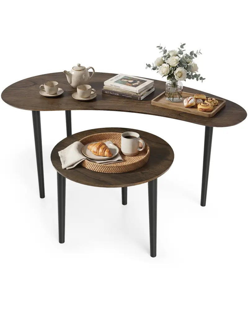 2 Pieces Mid Century Nesting Tables with Rubber Wood Legs-Walnut - Walnut - Coffee Tables