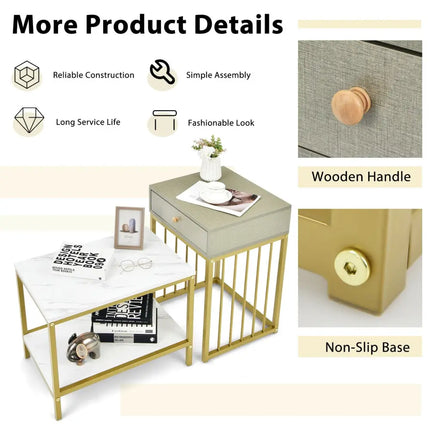2 Pieces Modern Nesting Coffee Table Set with Drawer and Shelf-White Costway