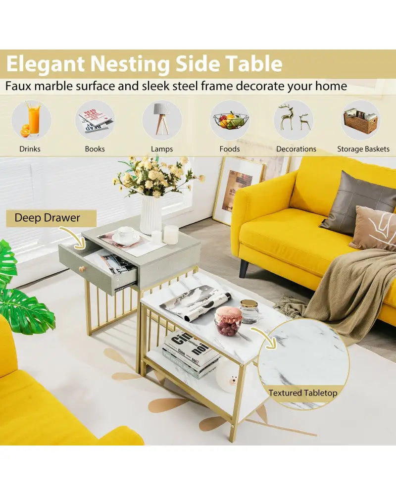 2 Pieces Modern Nesting Coffee Table Set with Drawer and Shelf-White - White - Coffee Tables