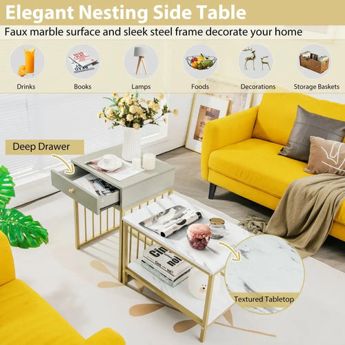 2 Pieces Modern Nesting Coffee Table Set with Drawer and Shelf-White - White - Coffee Tables