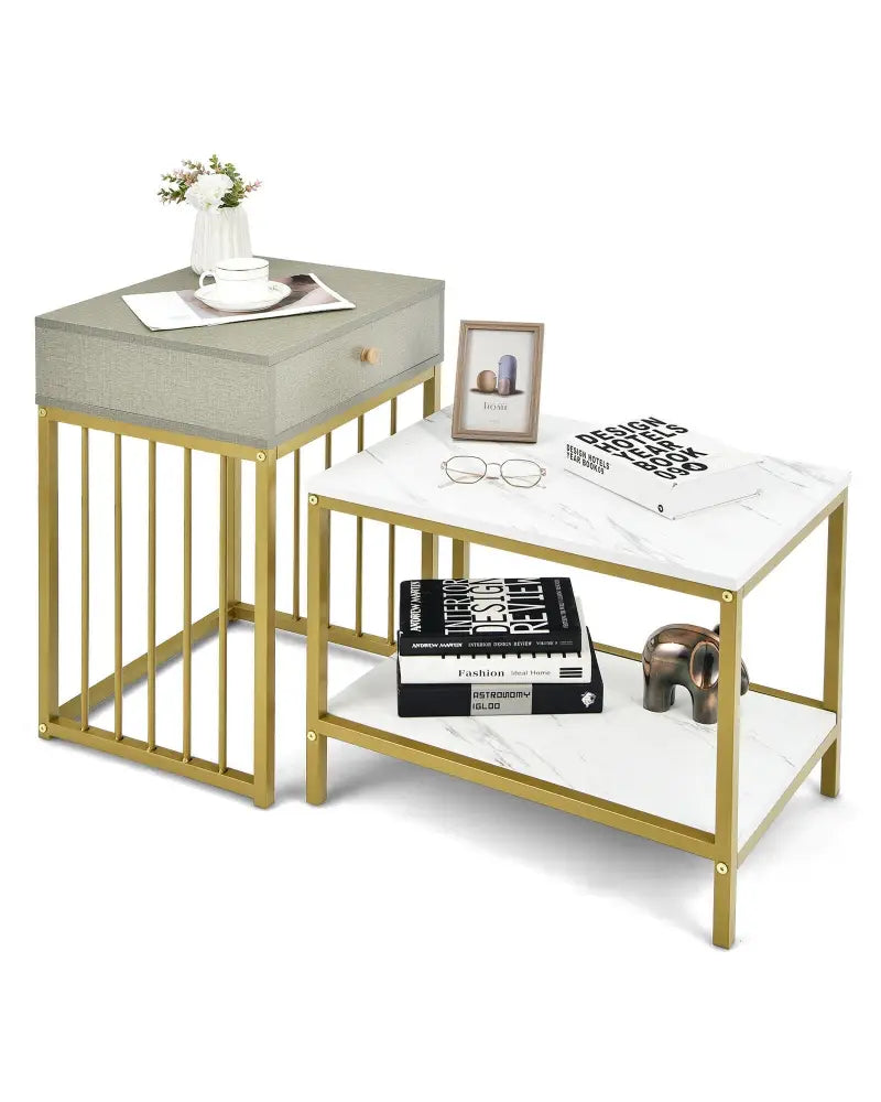 2 Pieces Modern Nesting Coffee Table Set with Drawer and Shelf-White - White - Coffee Tables
