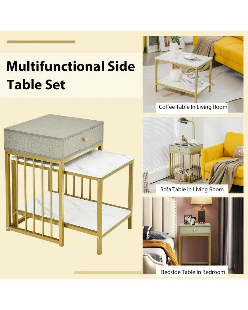 2 Pieces Modern Nesting Coffee Table Set with Drawer and Shelf-White - White - Coffee Tables