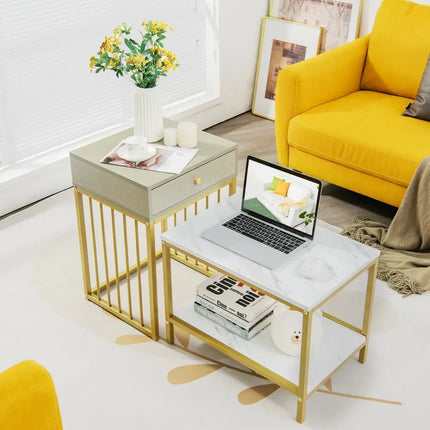 2 Pieces Modern Nesting Coffee Table Set with Drawer and Shelf-White Costway