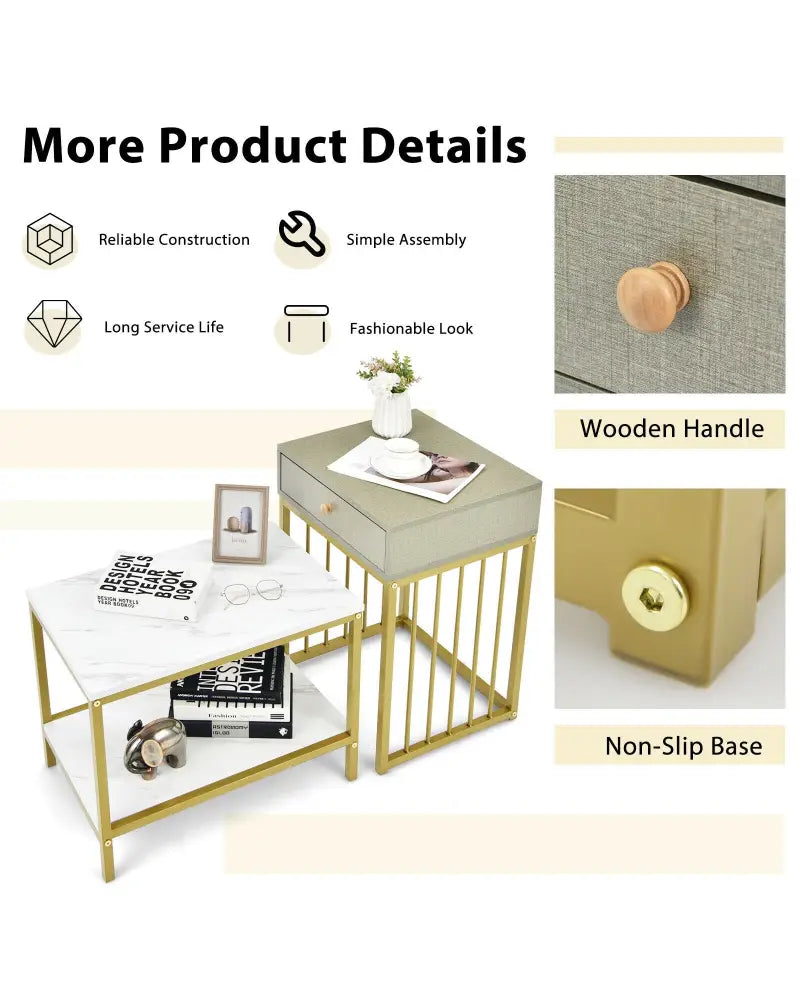 2 Pieces Modern Nesting Coffee Table Set with Drawer and Shelf-White - White - Coffee Tables