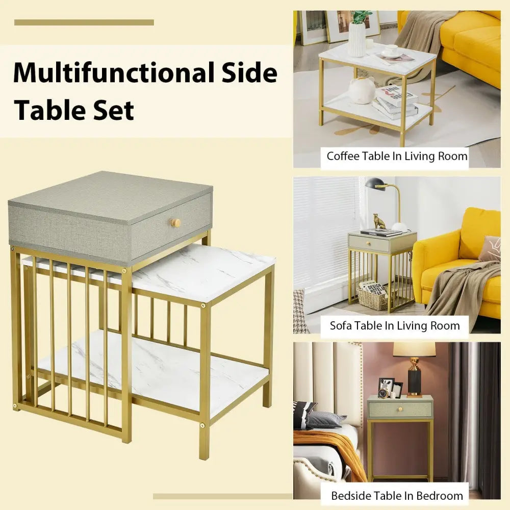 2 Pieces Modern Nesting Coffee Table Set with Drawer and Shelf-White Costway