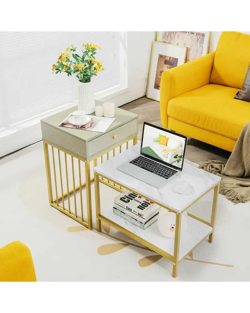 2 Pieces Modern Nesting Coffee Table Set with Drawer and Shelf-White - White - Coffee Tables