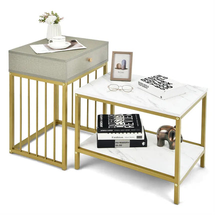 2 Pieces Modern Nesting Coffee Table Set with Drawer and Shelf-White Costway