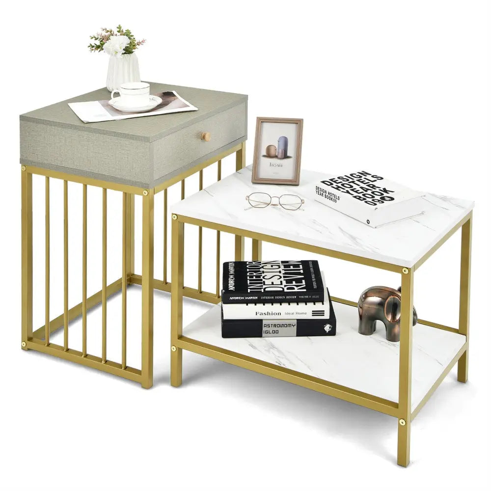 2 Pieces Modern Nesting Coffee Table Set with Drawer and Shelf-White Costway