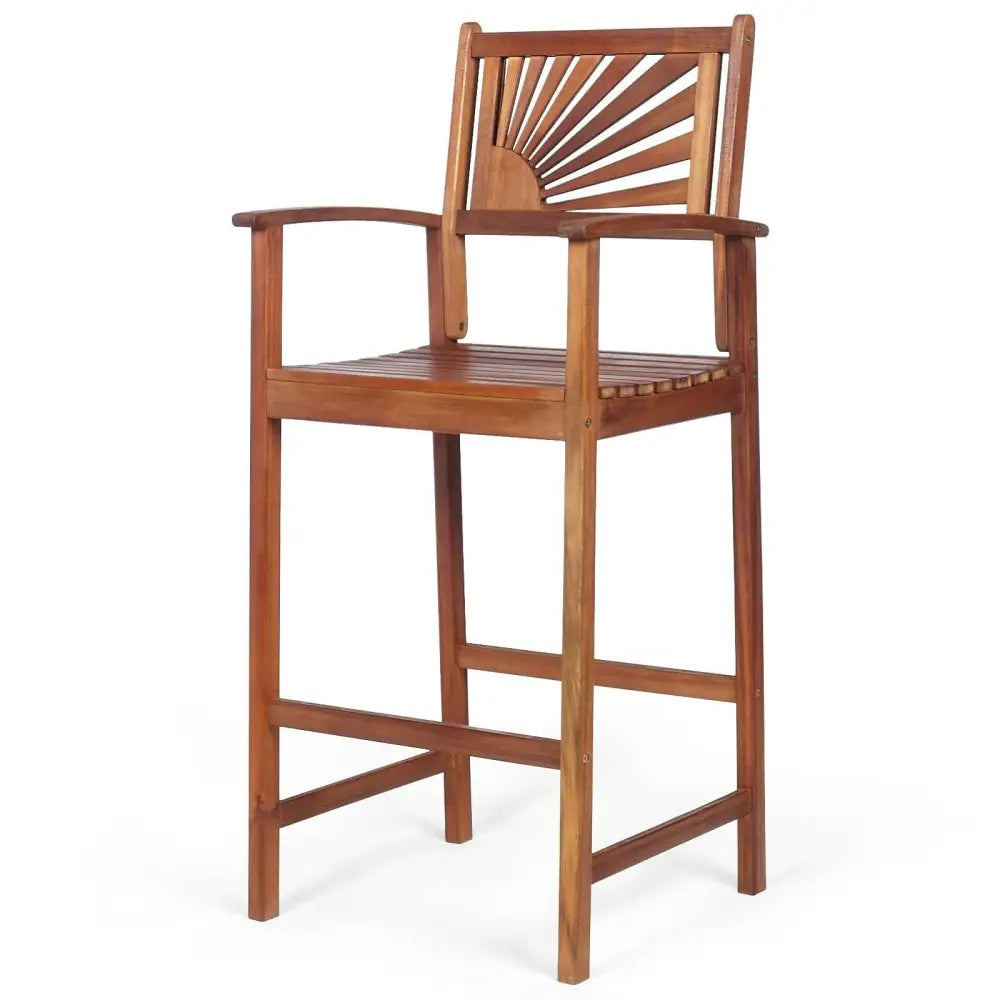 2 Pieces Outdoor Acacia Wood Bar Chairs with Sunflower Backrest and Armrests - Brown - Patio Bar Furniture