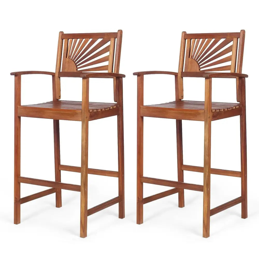 2 Pieces Outdoor Acacia Wood Bar Chairs with Sunflower Backrest and Armrests - Brown - Patio Bar Furniture