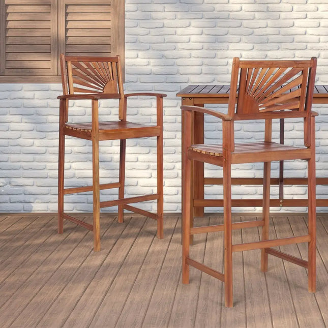 2 Pieces Outdoor Acacia Wood Bar Chairs with Sunflower Backrest and Armrests - Brown - Patio Bar Furniture