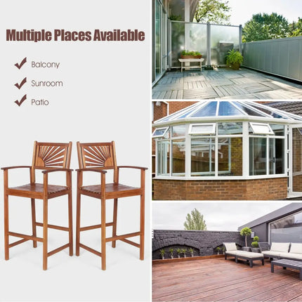 2 Pieces Outdoor Acacia Wood Bar Chairs with Sunflower Backrest and Armrests - Brown - Patio Bar Furniture