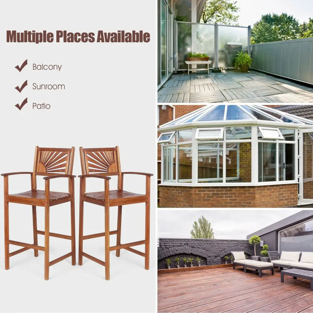 2 Pieces Outdoor Acacia Wood Bar Chairs with Sunflower Backrest and Armrests - Brown - Patio Bar Furniture