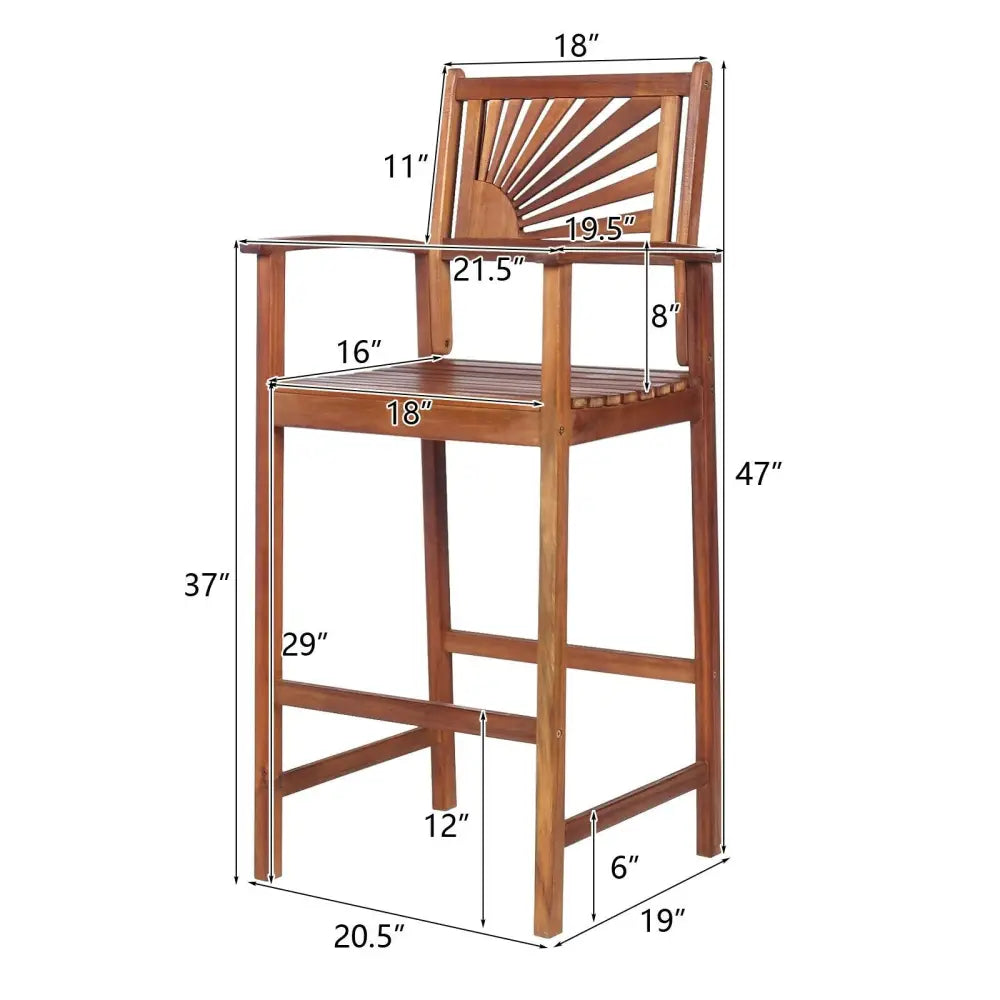 2 Pieces Outdoor Acacia Wood Bar Chairs with Sunflower Backrest and Armrests - Brown - Patio Bar Furniture