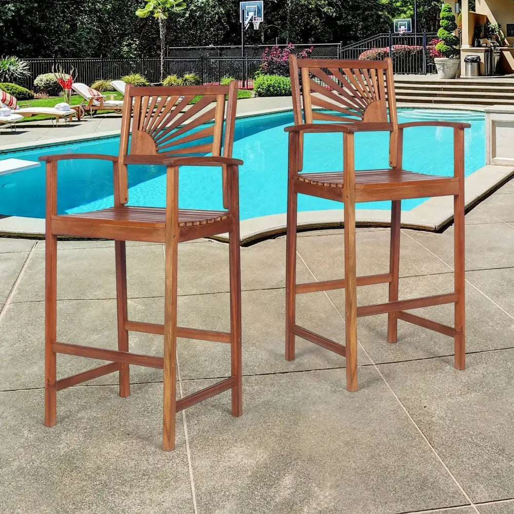2 Pieces Outdoor Acacia Wood Bar Chairs with Sunflower Backrest and Armrests - Brown - Patio Bar Furniture