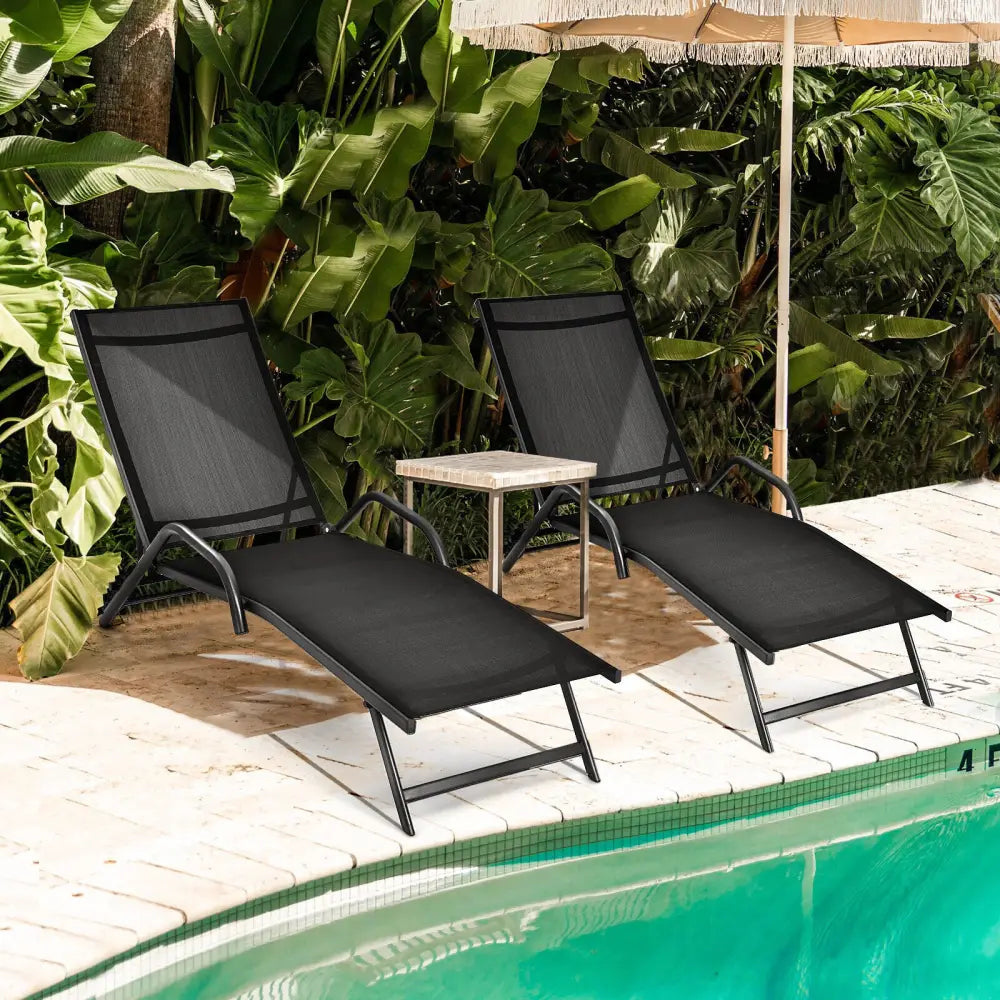 2 Pieces Outdoor Chaise Lounge with 5-Position Adjustable Backrest-Black - Black - Outdoor Chaise Lounges