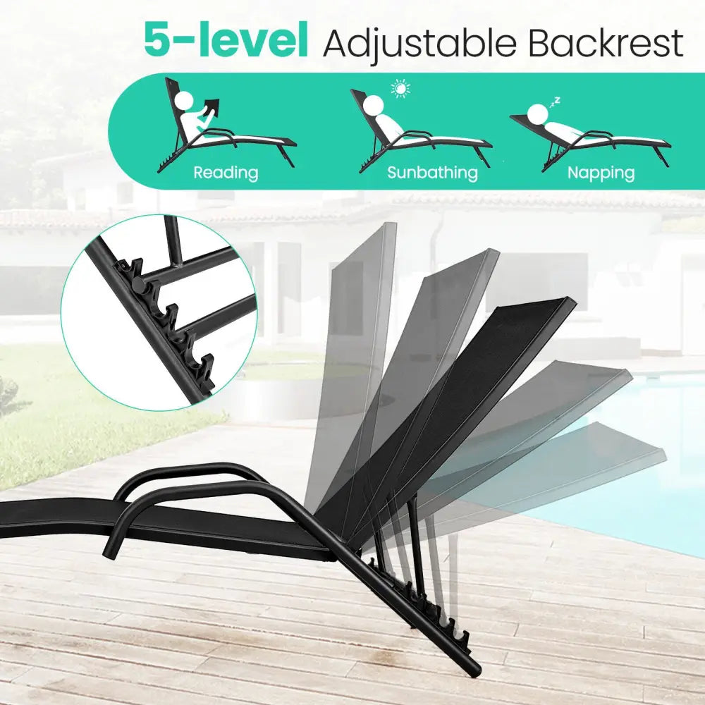 2 Pieces Outdoor Chaise Lounge with 5-Position Adjustable Backrest-Black - Black - Outdoor Chaise Lounges